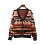 オレンジ | レトロ感が可愛い総柄Vネックニットカーディガン 冬 ニット | maison de LATIR