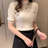 ベージュ | 春夏が主役半袖ハイネックリブニットトップス。パフスリーブで美シルエットビジネスに… | maison de LATIR
