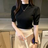 ブラック | 春夏が主役半袖ハイネックリブニットトップス。パフスリーブで美シルエットビジネスに… | maison de LATIR