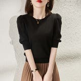 ブラック | ふわっとしたシルエットが女性らしいパフスリーブサマーニット 夏 夏 | maison de LATIR