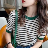 ブラック×グリーン | 顔周りを明るく演出するバイカラーボーダーTシャツ 半袖 ストライプ | maison de LATIR