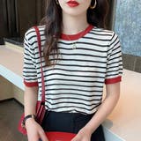 ブラック×レッド | 顔周りを明るく演出するバイカラーボーダーTシャツ 半袖 ストライプ | maison de LATIR