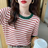 レッド×グリーン | 顔周りを明るく演出するバイカラーボーダーTシャツ 半袖 ストライプ | maison de LATIR