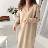 ベージュ | ゆったり着られるVネックニットワンピース シンプル ルーズシルエット | maison de LATIR
