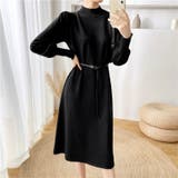 ブラック | 女性らしさを引き出すベルト付きのボリュームスリーブニットワンピース 長袖 ニット… | maison de LATIR