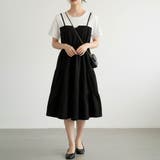 ブラック | 一枚で完成、今っぽレイヤードバイカラーワンピース 配色ティアード レイヤード | maison de LATIR