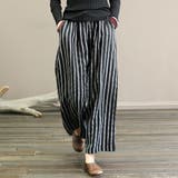 ブラック | エアリー感がオシャレなリネンストライプワイドパンツ 夏 夏 | maison de LATIR