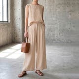 ベージュ | 【セットアップ】大人の涼感ワッシャー素材リネンライクワイドパンツ夏服セットアップ | maison de LATIR