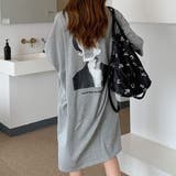 グレー | バックプリントがアクセントのロング丈Tシャツワンピース ルーズ 五分袖 | maison de LATIR