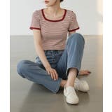 スクエアネックがオシャレなストライプ柄半袖ニット ショート丈 カジュアル | maison de LATIR | 詳細画像16