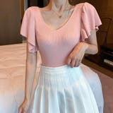 ピンク | 華やかなロータスリーフスリーブのVネック半袖トップス エレガント 女性らしい | maison de LATIR