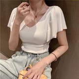 ホワイト | 華やかなロータスリーフスリーブのVネック半袖トップス エレガント 女性らしい | maison de LATIR