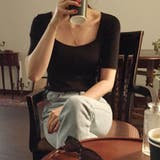 ブラック | スクエアネックで大人ぽく半袖リブニット韓国ファッション 春 セクシー | maison de LATIR