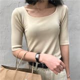 クリーム | スクエアネックで大人ぽく半袖リブニット韓国ファッション 春 セクシー | maison de LATIR