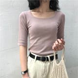 ピンク | スクエアネックで大人ぽく半袖リブニット韓国ファッション 春 セクシー | maison de LATIR