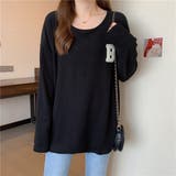 ブラック | カジュアル感が可愛いワッフル地長袖トップス Tシャツ スリット | maison de LATIR