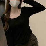 ブラック | 裾デザインが可愛いUネックスリットTシャツ 長袖 無地 | maison de LATIR