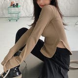 ブラウン | 裾デザインが可愛いUネックスリットTシャツ 長袖 無地 | maison de LATIR