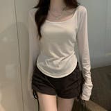 ホワイト | 裾デザインが可愛いUネックスリットTシャツ 長袖 無地 | maison de LATIR