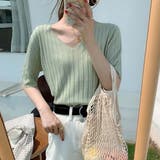 グリーン | すっきりしたシルエットが女性らしいVネックサマーニット 冬 半袖 | maison de LATIR