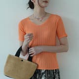 オレンジ | すっきりしたシルエットが女性らしいVネックサマーニット 冬 半袖 | maison de LATIR