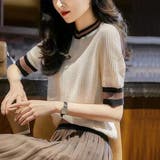 女性らしいシルエットが目を惹く配色デザインリブニットトップス 秋 半袖 | maison de LATIR | 詳細画像1 