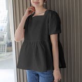 ブラック(スクエアネック) | 1枚で華やかさを演出するバックリボンジャガードペプラムブラウス パフスリーブ ボ… | maison de LATIR