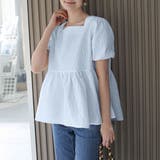 ブルー(スクエアネック) | 1枚で華やかさを演出するバックリボンジャガードペプラムブラウス パフスリーブ ボ… | maison de LATIR