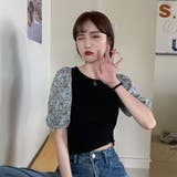 ブラック | 華やかさと使いやすさのバランスが絶妙！花柄ブラウス切り替え半袖リブニット | maison de LATIR