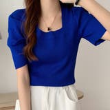 ブルー | さりげないデザインがこなれ感を出してくれるニット スクエアネック シャーリングス… | maison de LATIR