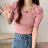 ピンク | さりげないデザインがこなれ感を出してくれるニット スクエアネック シャーリングス… | maison de LATIR