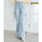 サックス | スリットビジューフレアデニムパンツ | MAJESTIC LEGON 