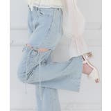 サックス | スリットビジューフレアデニムパンツ | MAJESTIC LEGON 