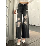 ハイウエストダメージレースPatchストレートワイドデニムパンツ | GYDA | 詳細画像1