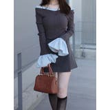 チャコールグレー | 異素材フリルオフショルリブニット | MERCURYDUO