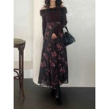 ブラウン | 花柄オフショルニットドッキングワンピース | MERCURYDUO