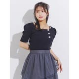 ネイビー | サイドビジューボタンショートパフスリーブニット | MERCURYDUO