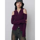 パープル | オフショルレイヤードZIPニット | MURUA