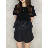 ブラック | バックリボンビジューペプラムTシャツ | dazzlin