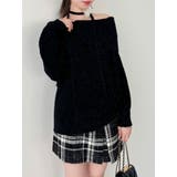 ブラック | ワッフルオフショルコサージュニット | dazzlin