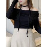 ブラック | チョーカー付きオフショルドレープ長袖トップス | dazzlin