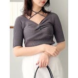 チャコールグレー | フロントツイストリボン5分袖ニットトップス | dazzlin