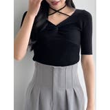 ブラック | フロントツイストリボン5分袖ニットトップス | dazzlin