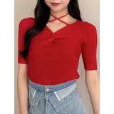 レッド | フロントツイストリボン5分袖ニットトップス | dazzlin