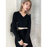 ブラック | Vネックフリルショートニット | EMODA