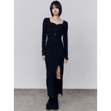 ブラック | フロントボタンリブニットワンピース | EMODA