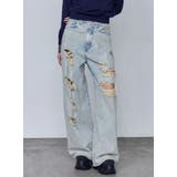 アイスブルー | バルキーワイドハイウエストクラッシュジーンズ | EMODA