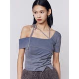 ブルー | チョーカーギャザーショートスリーブニット | EMODA