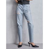 ブルー | ハイウエストVintage Edge ダメージストレートデニムパンツ | GYDA