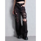 ブラック | ハイウエスト tear up damageストレートワイドデニムパンツ | GYDA